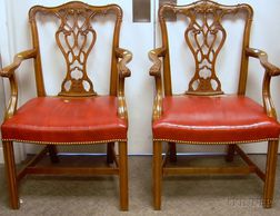 Pair of Chippendale-style Red Leather Upholstered Carved Cherry Armchairs. 
